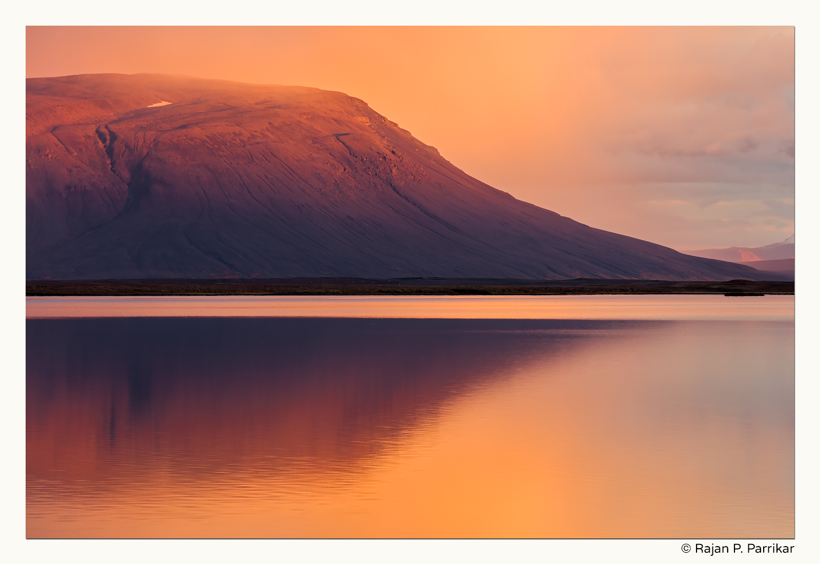 Last light on Sellandafjall seen from Sandvatn, Iceland
