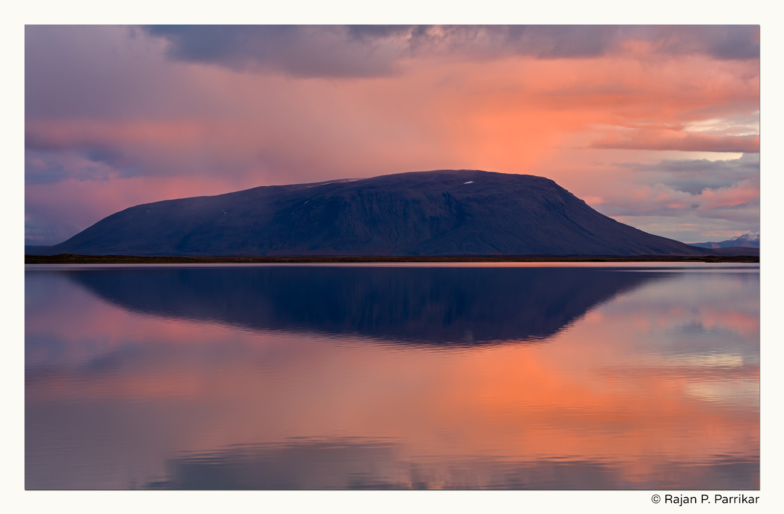 Last light on Sellandafjall seen from Sandvatn, Iceland