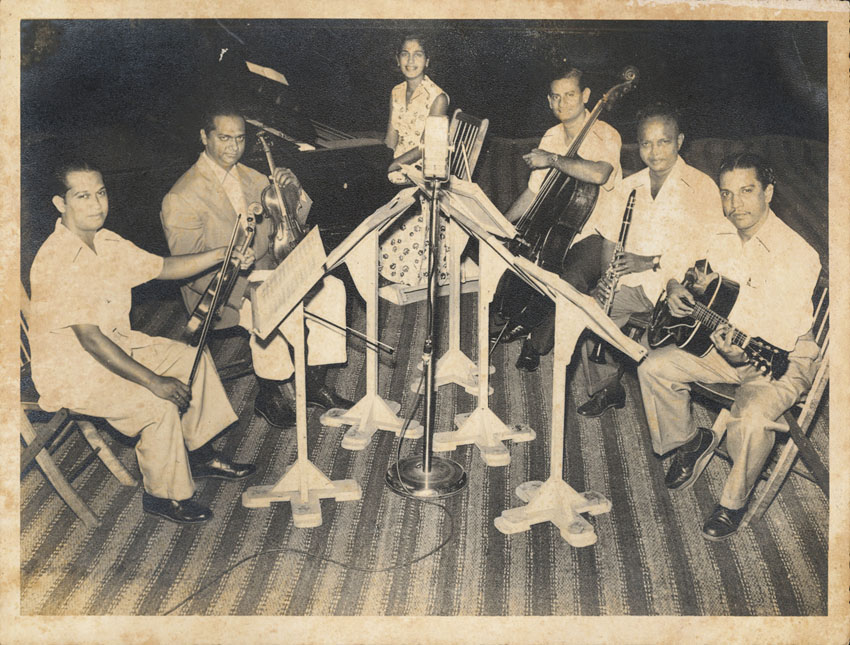 Goan Quintet: (L-R) A.P. Dourado, Anthony Gonsalves, Lucila Pacheco, Luis Correia, João Anton Noronha, Bonny D'Costa at Mehboob studios (1958)