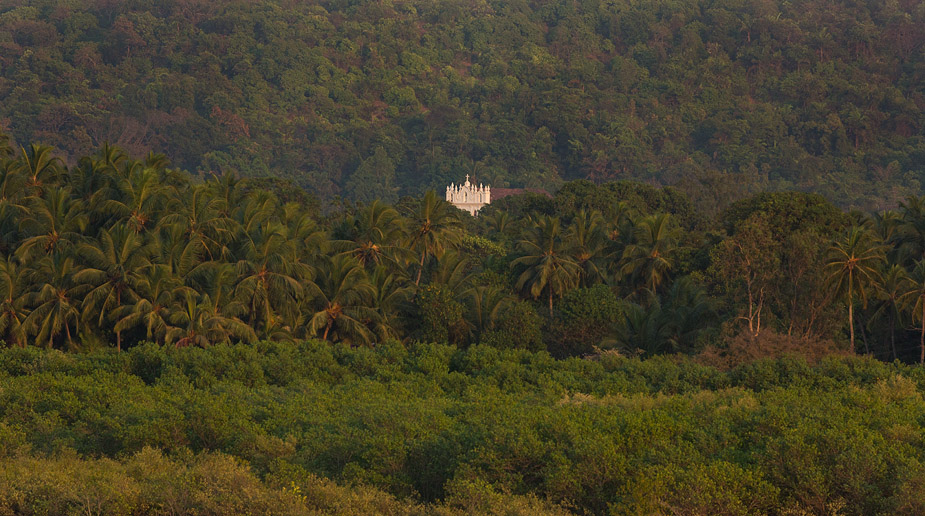 Telephoto view of the church from Siolim bridge