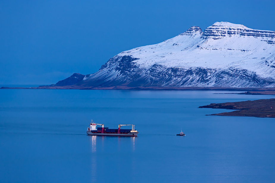 Freight ship coming into Reyðarfjörður harbour