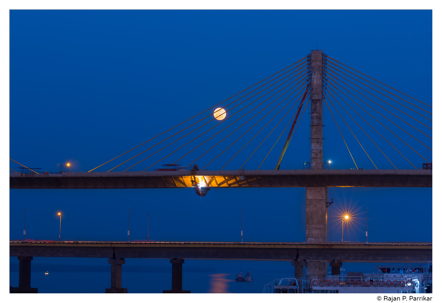 New bridge on Mandovi, rising moon, Panjim, Goa