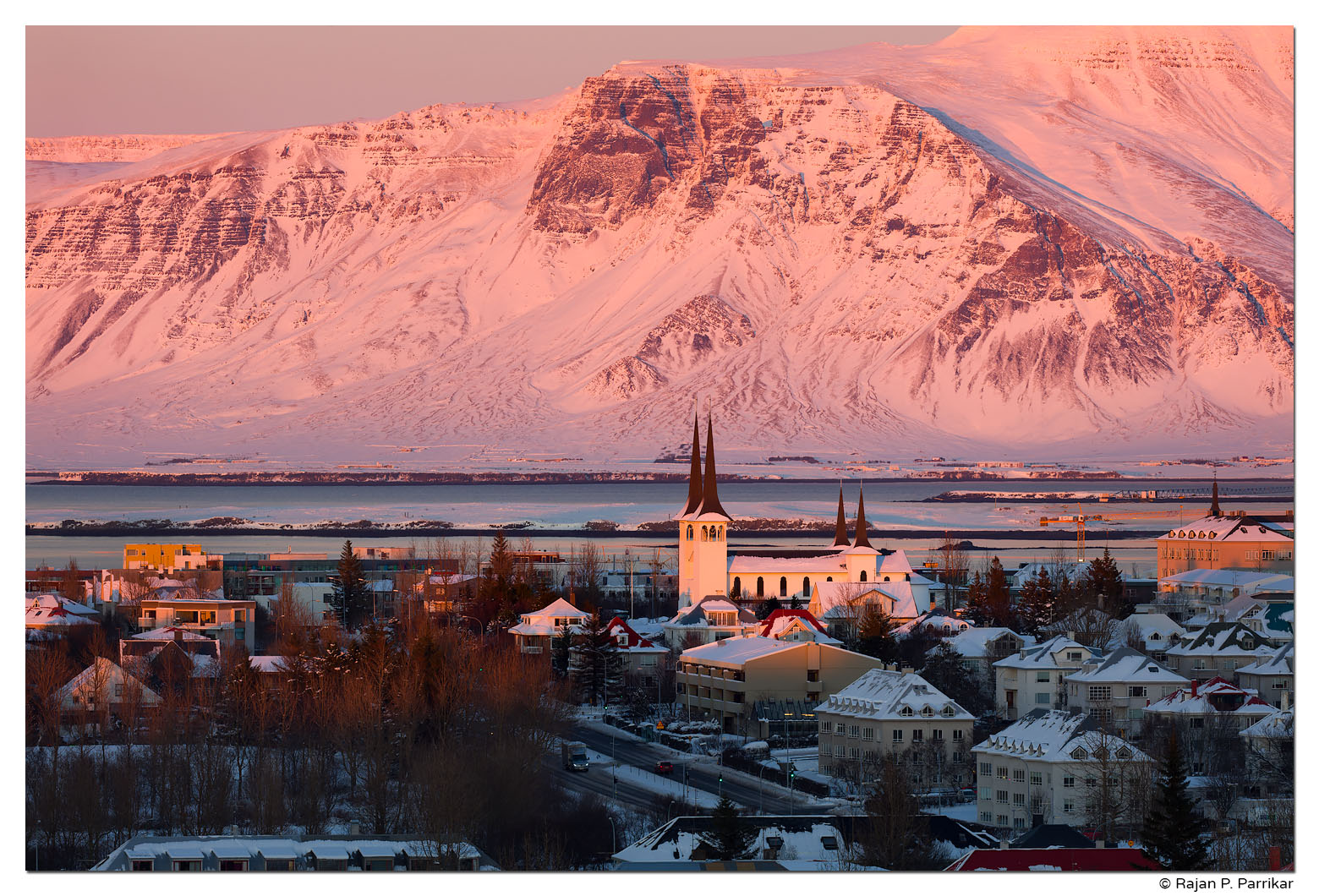 Winter, Reykjavík, Esja, Háteigskirkja, Sunset, Iceland