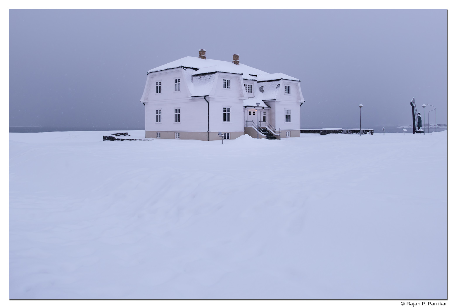 Höfði House in a snowstorm, Reykjavík, Iceland